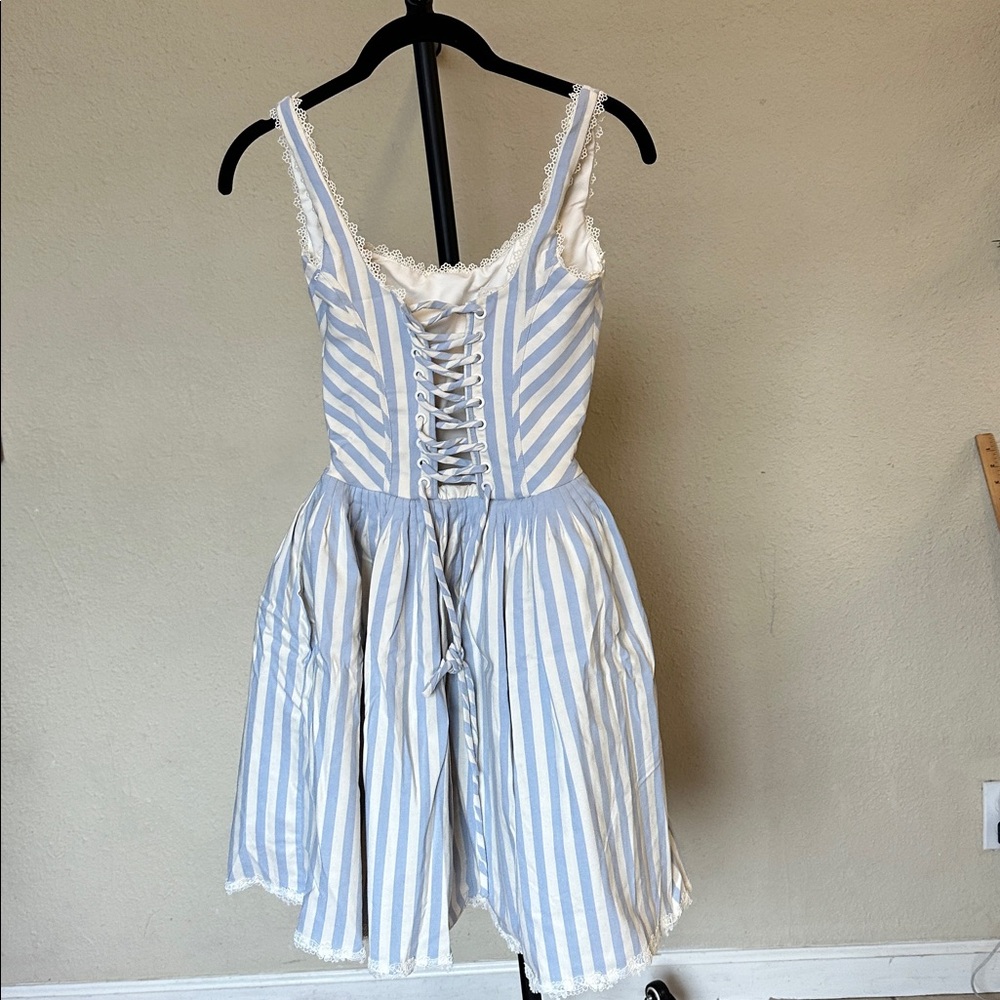 HOUSE OF CB ' Liesl Blue striped pintucked mini Dress NWOT  blue sz XS Tall long - Picture 8 of 16